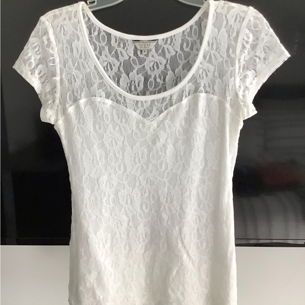 Guess white lace T shirt. Size M
